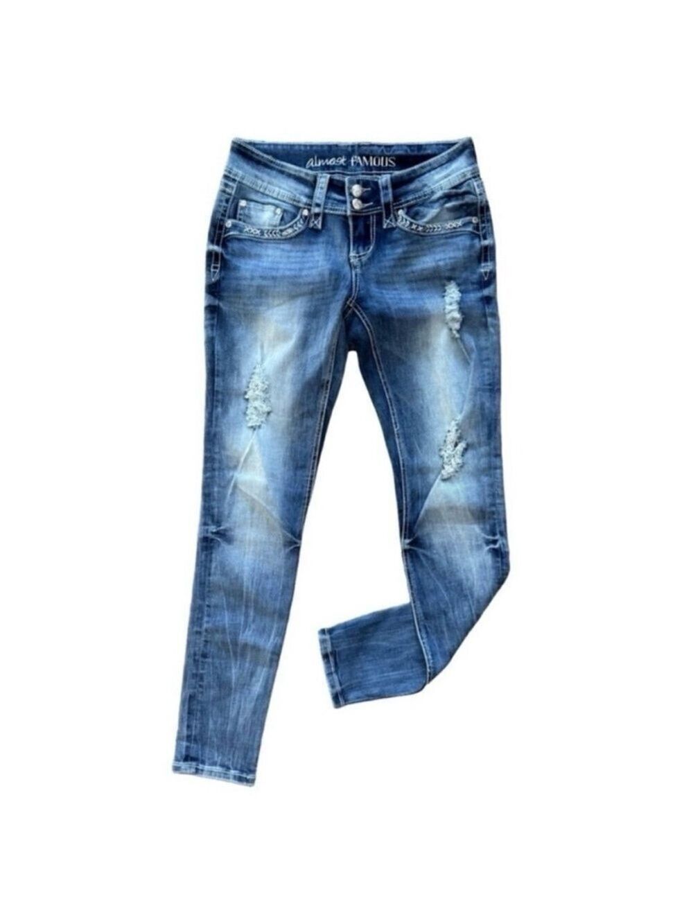 ALMOST FAMOUS 🔥 Low Rise Distressed Skinny Jeans Size 3 Y2K Denim ✨👖